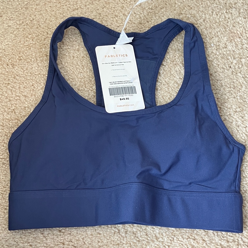 Fabletics Women's On the Go Medium-Impact Navy Blue Sports Bra size Small